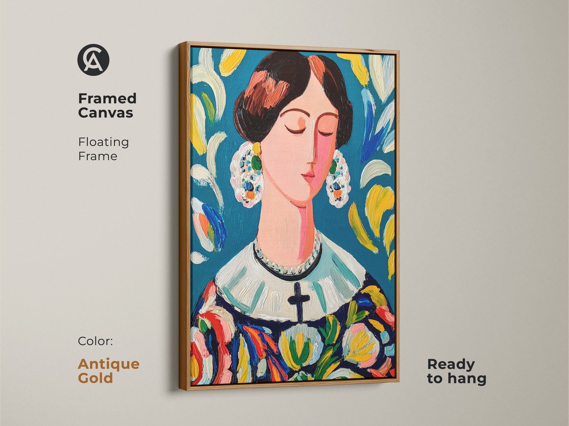 Framed canvas artwork with a floating antique gold frame. Ready to hang art showing a serene woman. The lady features a colorful dress and ornate earrings. It brings a vintage charm to your space. Ideal for adding a classic touch.