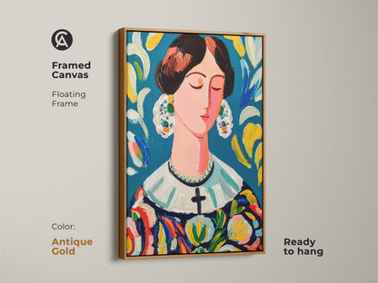 Framed canvas artwork with a floating antique gold frame. Ready to hang art showing a serene woman. The lady features a colorful dress and ornate earrings. It brings a vintage charm to your space. Ideal for adding a classic touch.