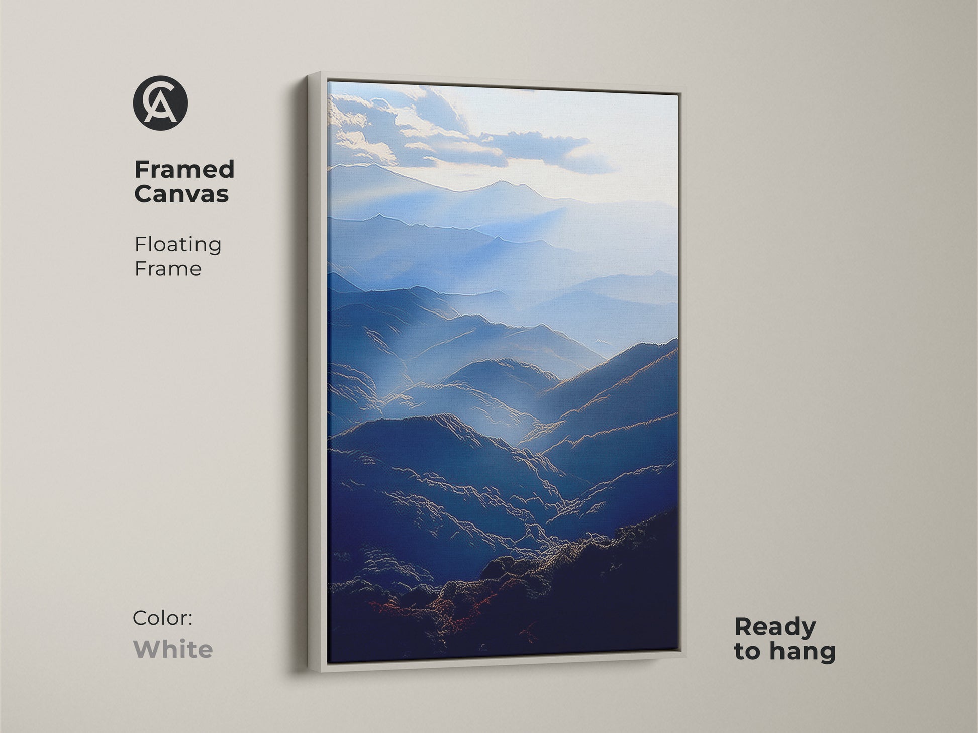 Framed canvas featuring a deep blue mountain range. This atmospheric landscape wall art comes with a floating white frame. This serene valley artwork is ready to hang. The modern art piece enhances any contemporary decor. A perfect gift for outdoor enthusiasts.