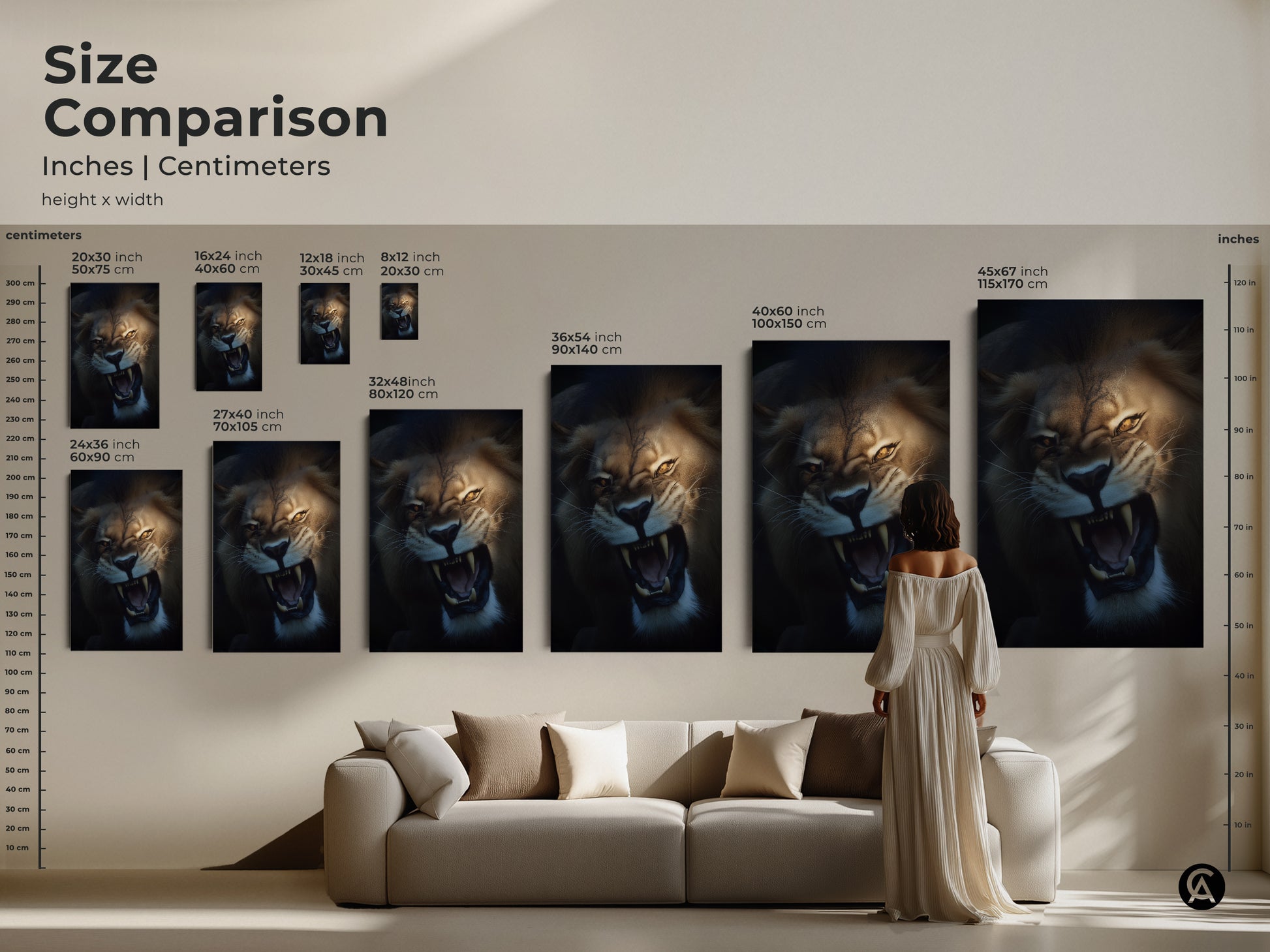 Size comparison of roaring lion canvas prints in inches and centimeters. Various sizes are displayed above a sofa. This wildlife animal artwork makes a bold statement in any living room. Choose the ideal size for your space.