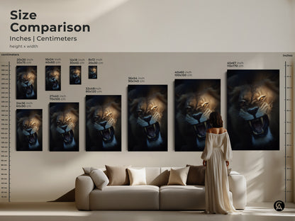 Size comparison of roaring lion canvas prints in inches and centimeters. Various sizes are displayed above a sofa. This wildlife animal artwork makes a bold statement in any living room. Choose the ideal size for your space.