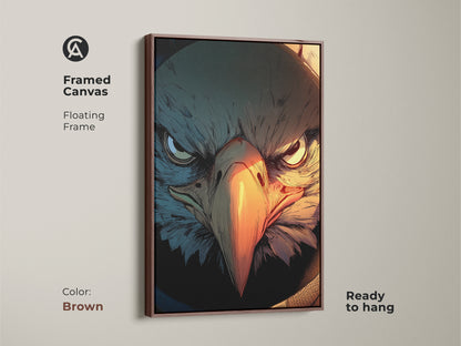 Framed Griffin art. This mythological eagle is ready to hang. The canvas has a floating frame in brown. The comic style artwork adds an eclectic touch to any space. Ideal for study room decor or a unique birthday gift fantasy.