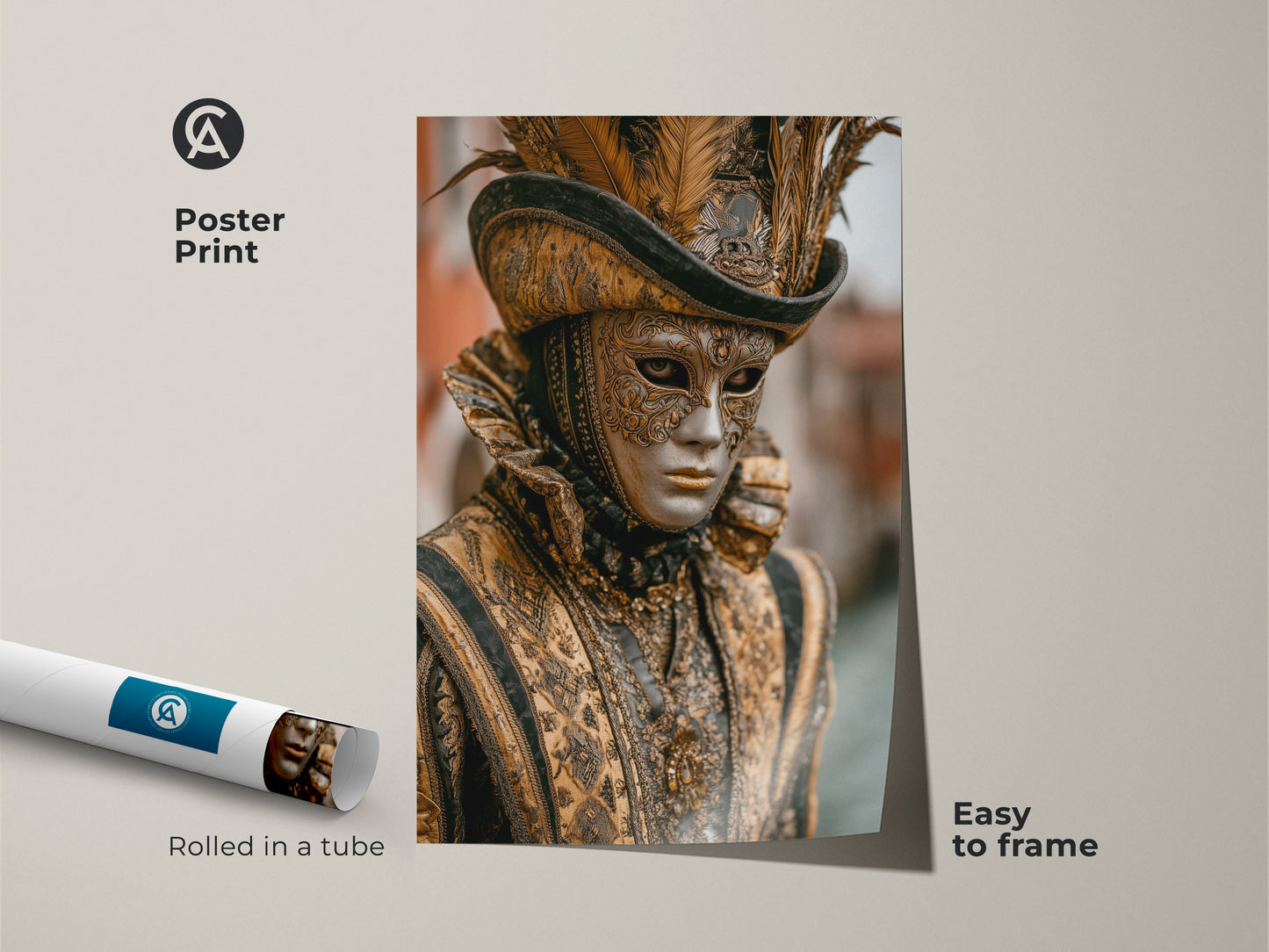Poster print of a feathered Venetian mask. This ornate baroque costume artwork comes rolled in a tube. It is easy to frame. The gold and black colors create an eclectic style. This historical festival artwork enhances any space.