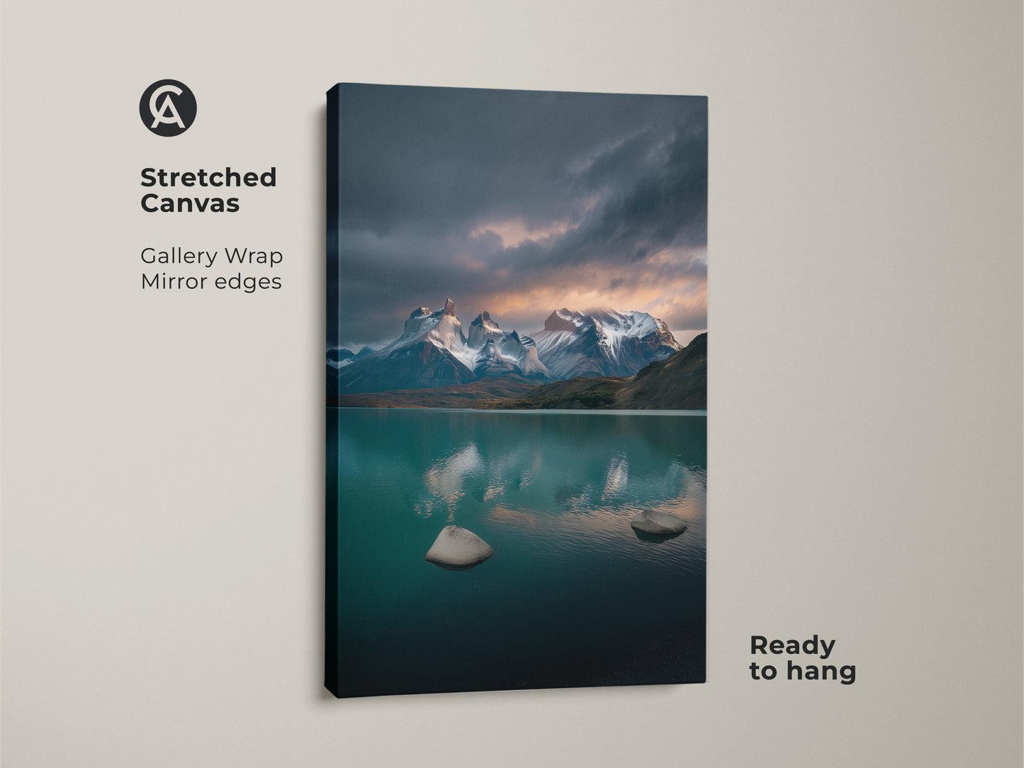 Stretched canvas of a teal lake and snow mountain artwork. The gallery wrap has mirror edges. It’s ready to hang and brings scenic landscape art to your living space. This contemporary nature decor suits outdoor enthusiasts. The deep blue gray artwork creates a calm atmosphere. A great addition to bedroom walls.