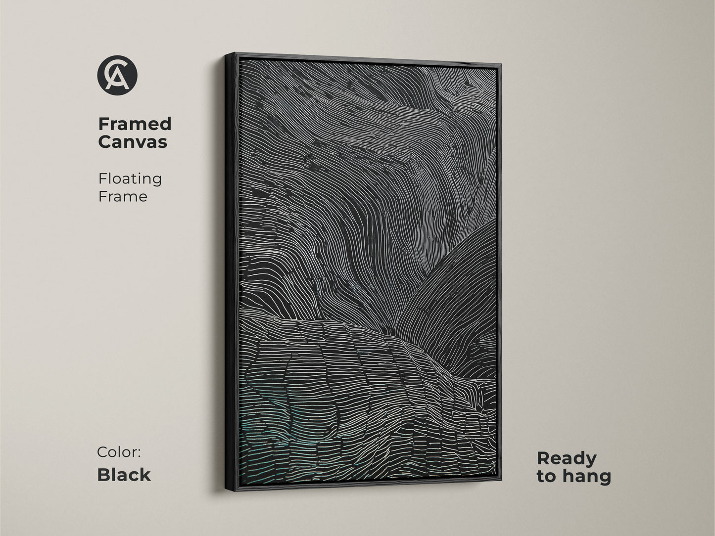 This framed canvas art features abstract black and white lines with teal accents. The floating frame enhances the modern artwork. It's ready to hang and perfect for a contemporary home. The minimalist art suits any living space.
