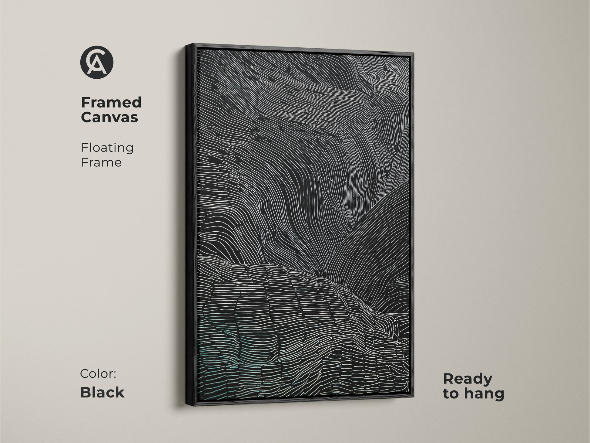 This framed canvas art features abstract black and white lines with teal accents. The floating frame enhances the modern artwork. It's ready to hang and perfect for a contemporary home. The minimalist art suits any living space.
