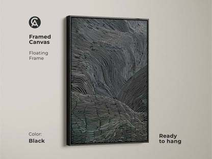 This framed canvas art features abstract black and white lines with teal accents. The floating frame enhances the modern artwork. It's ready to hang and perfect for a contemporary home. The minimalist art suits any living space.