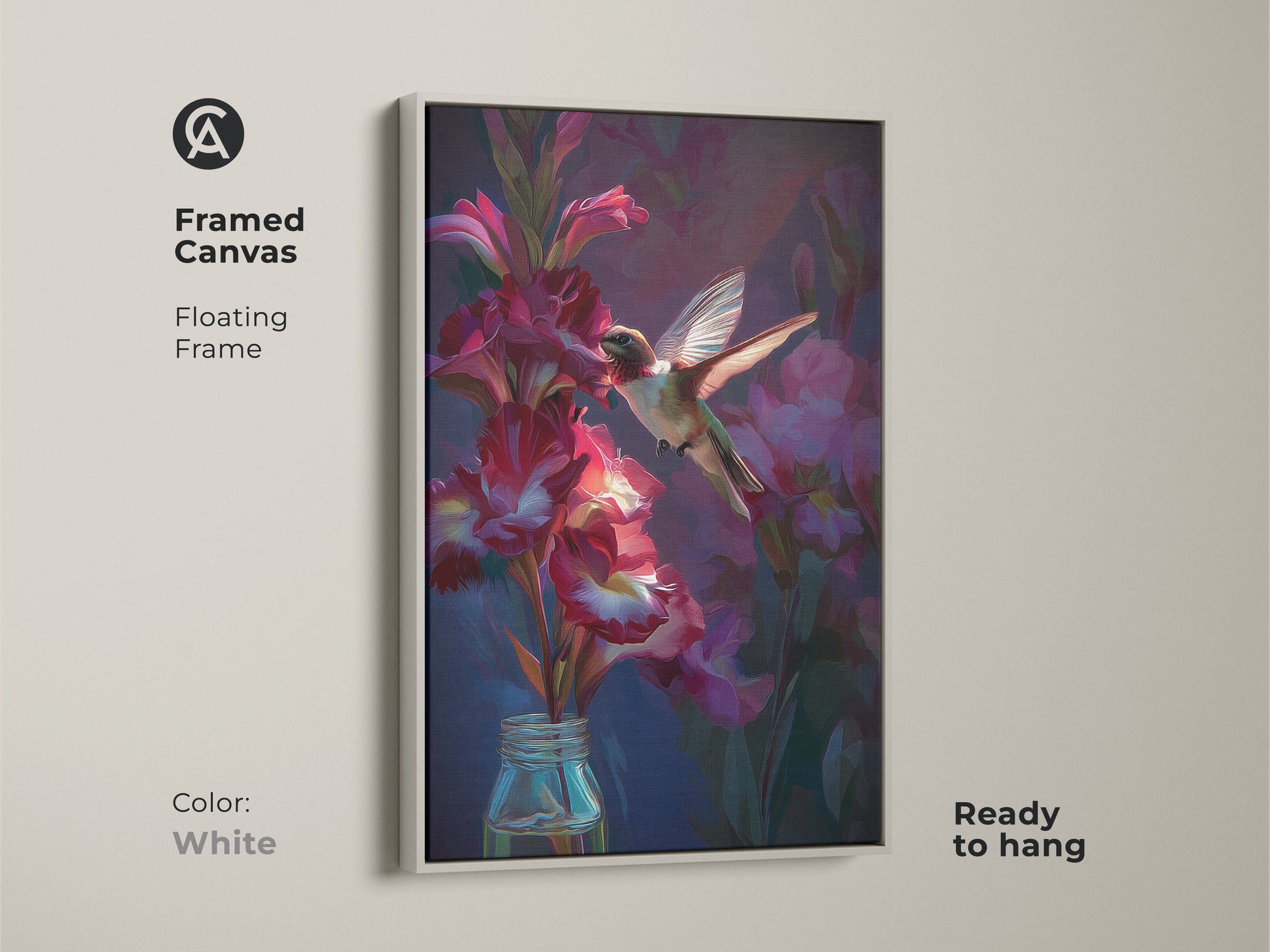 Framed canvas of a hummingbird and crimson gladiolus flowers with a white floating frame. This animal and flower art is ready to hang. It is a deep purple bedroom art and a colorful bird artwork.