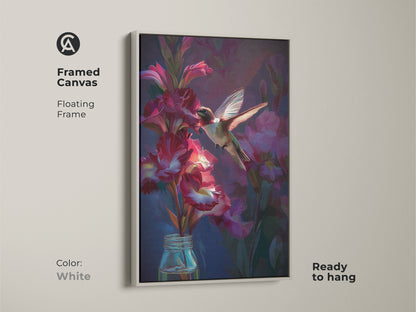 Framed canvas of a hummingbird and crimson gladiolus flowers with a white floating frame. This animal and flower art is ready to hang. It is a deep purple bedroom art and a colorful bird artwork.
