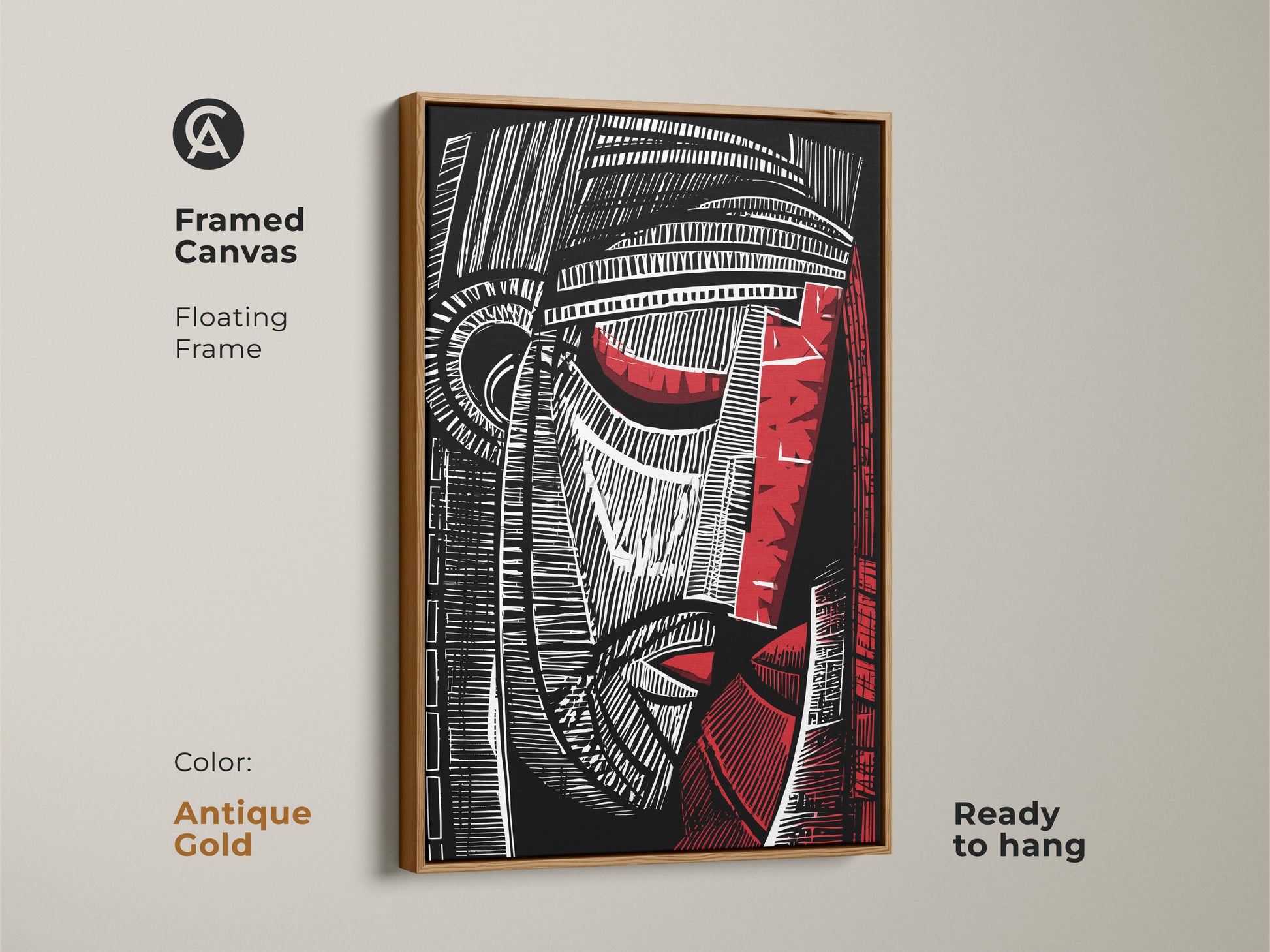 Framed canvas featuring a black red and white abstract face. This cubist portrait wall art with a floating frame is ready to hang. Perfect modern artwork for a study or office. The antique gold frame adds an eclectic touch.