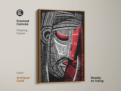 Framed canvas featuring a black red and white abstract face. This cubist portrait wall art with a floating frame is ready to hang. Perfect modern artwork for a study or office. The antique gold frame adds an eclectic touch.