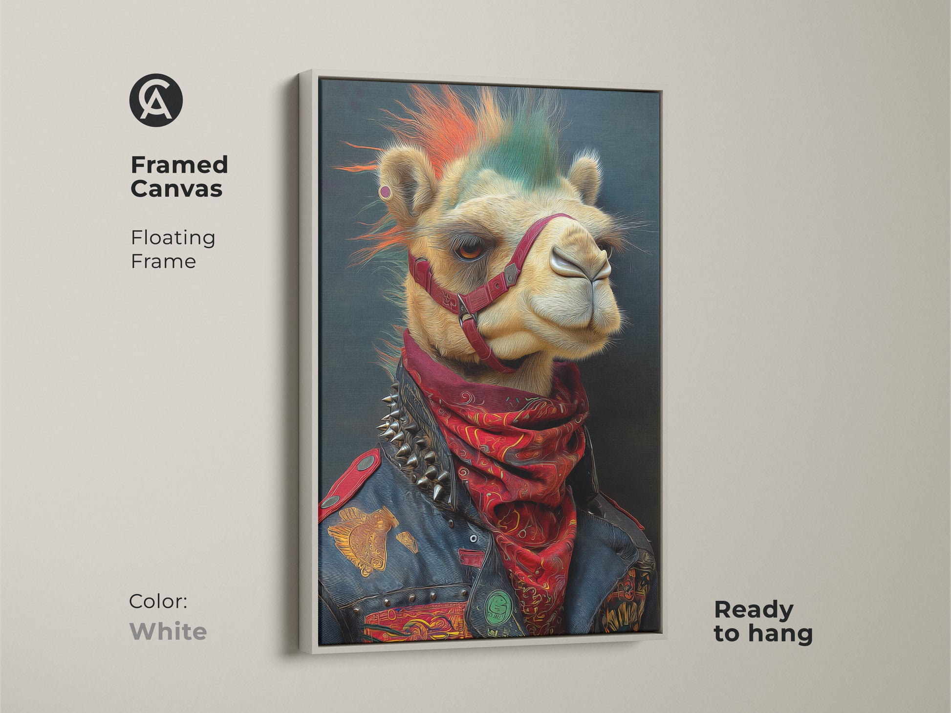 This white framed canvas presents a punk camel. It features a mohawk and studded jacket. The floating frame enhances this surreal animal art. It's perfect for punk rock decor. This piece adds an edgy touch to any space. This quirky wall hanging is ready to hang and enjoy.