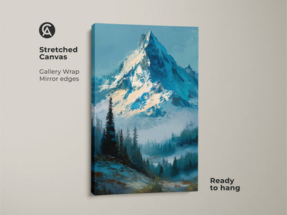 Stretched canvas print of a snow-covered mountain. Gallery wrapped with mirrored edges and ready to hang. The artwork captures a serene mountain landscape. Transform your space with this stunning mountain canvas art a perfect addition to any room.