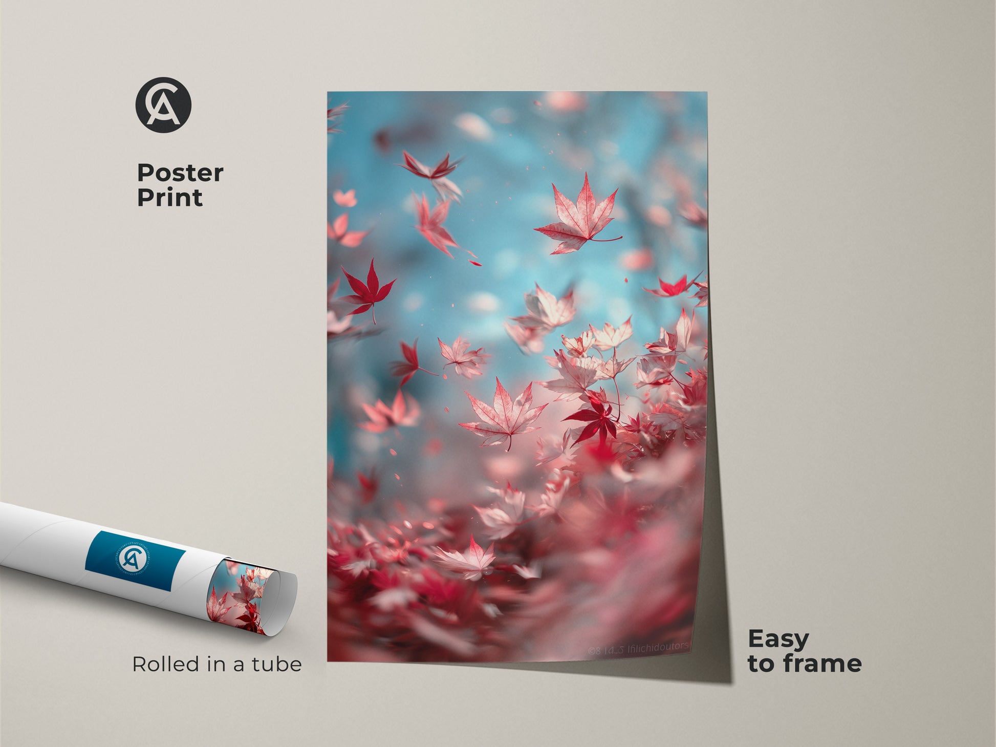 Poster print featuring a captivating image of red maple leaves against a soft blue sky. The art print is rolled in a tube for easy framing. A perfect piece to add to your wall art collection.