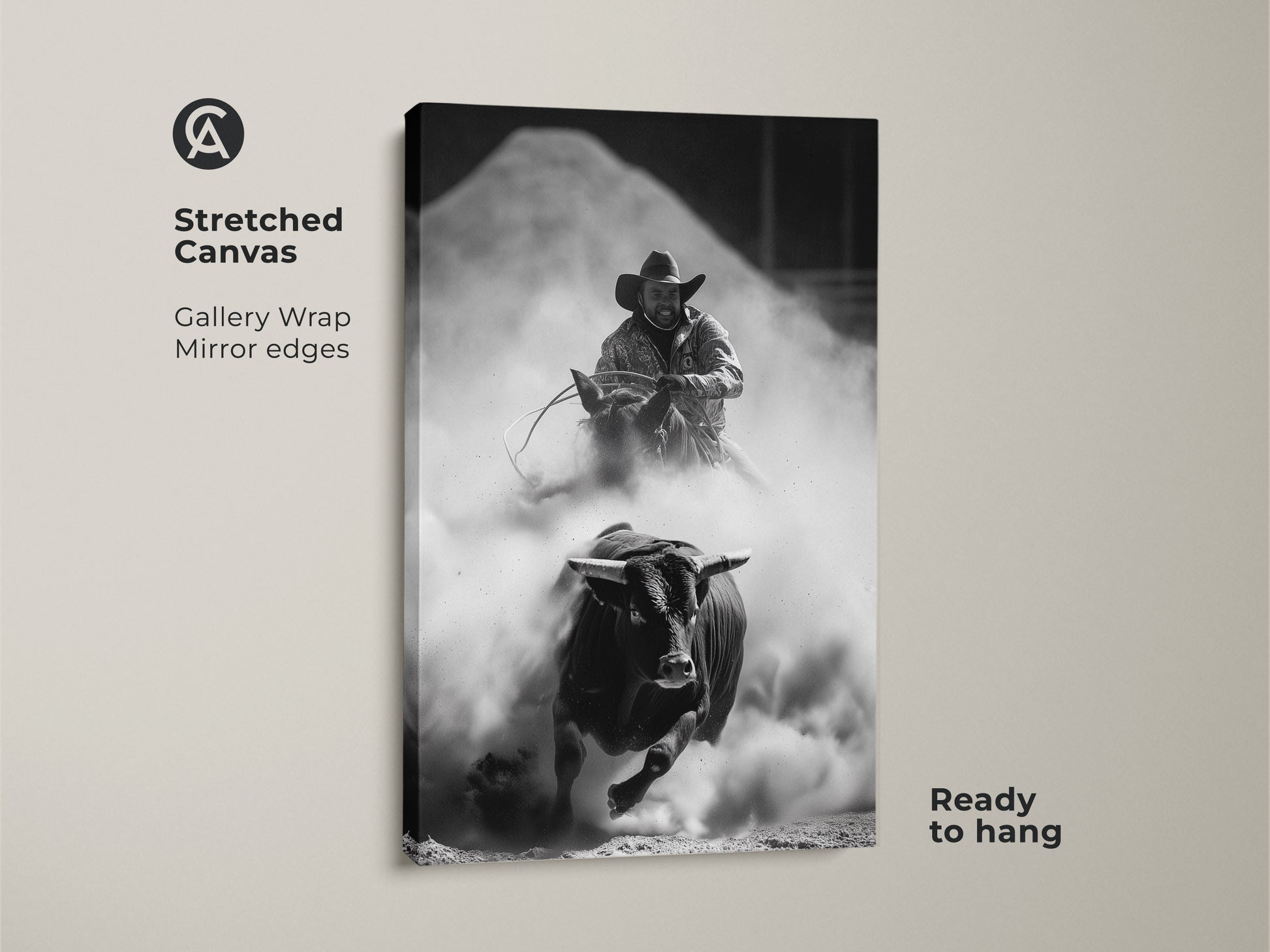 Stretched Canvas Gallery Wrap of a Monochrome Rodeo Print. This Western wall art features a bull rider and charging bull. The rustic cowboy decor adds character to any room. Ready to hang and perfect for a man cave. Enjoy this striking piece of adrenaline art.