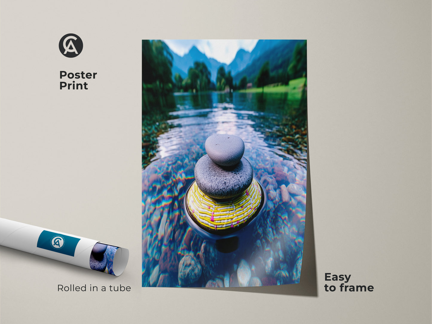 Displayed is a poster print featuring Zen stone artwork. Rolled in a tube this river landscape wall art is easy to frame. The minimalist nature canvas adds calm to any space. This blue green mountain art print is a perfect spiritual zen wall hanging.