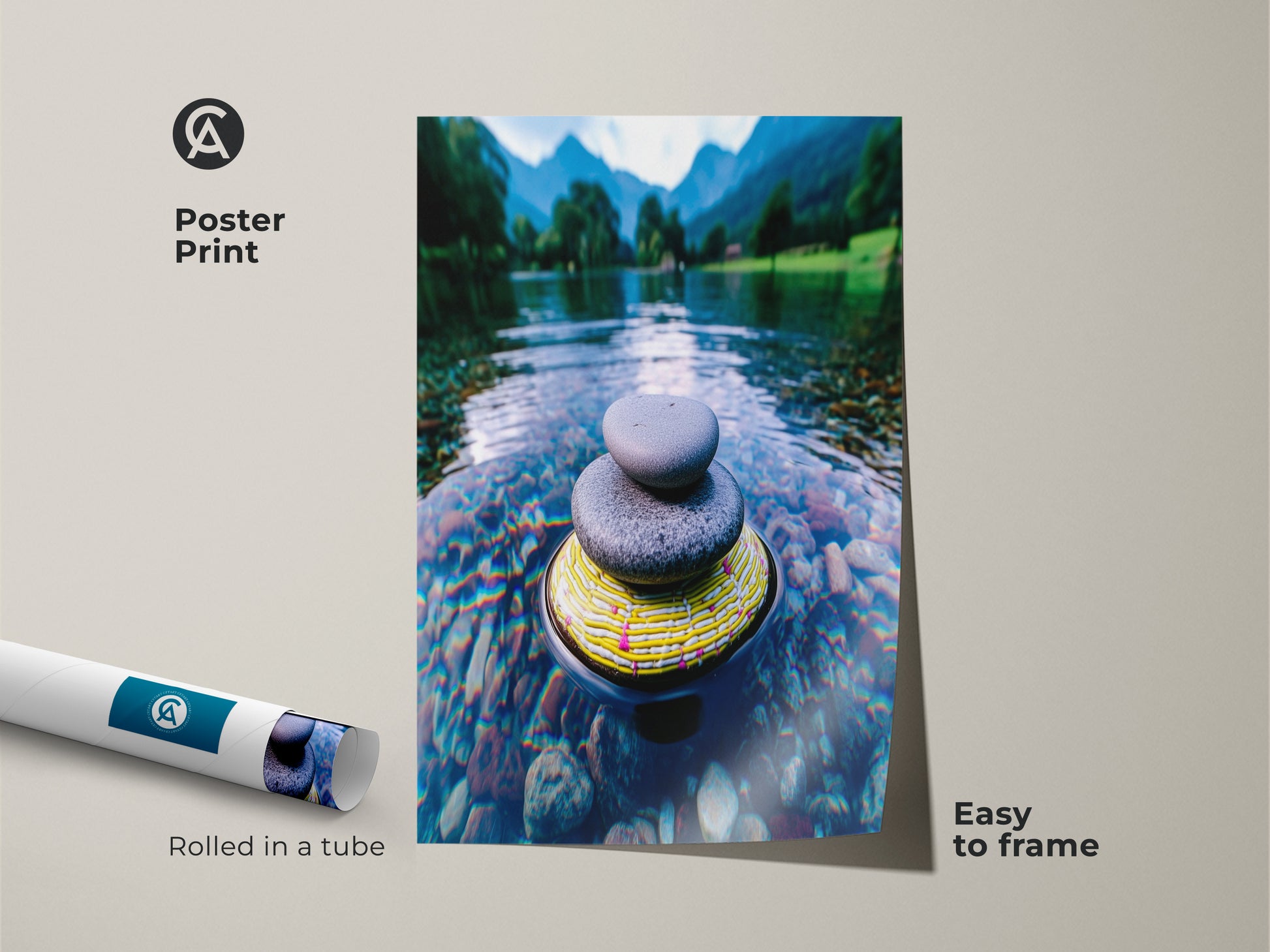 Displayed is a poster print featuring Zen stone artwork. Rolled in a tube this river landscape wall art is easy to frame. The minimalist nature canvas adds calm to any space. This blue green mountain art print is a perfect spiritual zen wall hanging.