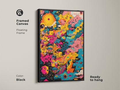 Framed canvas artwork with a black floating frame displaying colorful abstract eye patterns. This ready-to-hang piece enhances any room decor. The black frame adds a touch of sophistication. Perfect for modern art enthusiasts.