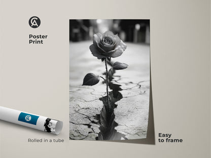 Monochrome rose art print rolled in a tube. Easy to frame. Showcases a rose blooming from cracked ground. It represents nature symbolism and resilience. This black and white rose art is a contemporary home gift. Ideal for adding a touch of modern surrealist decor to any space.