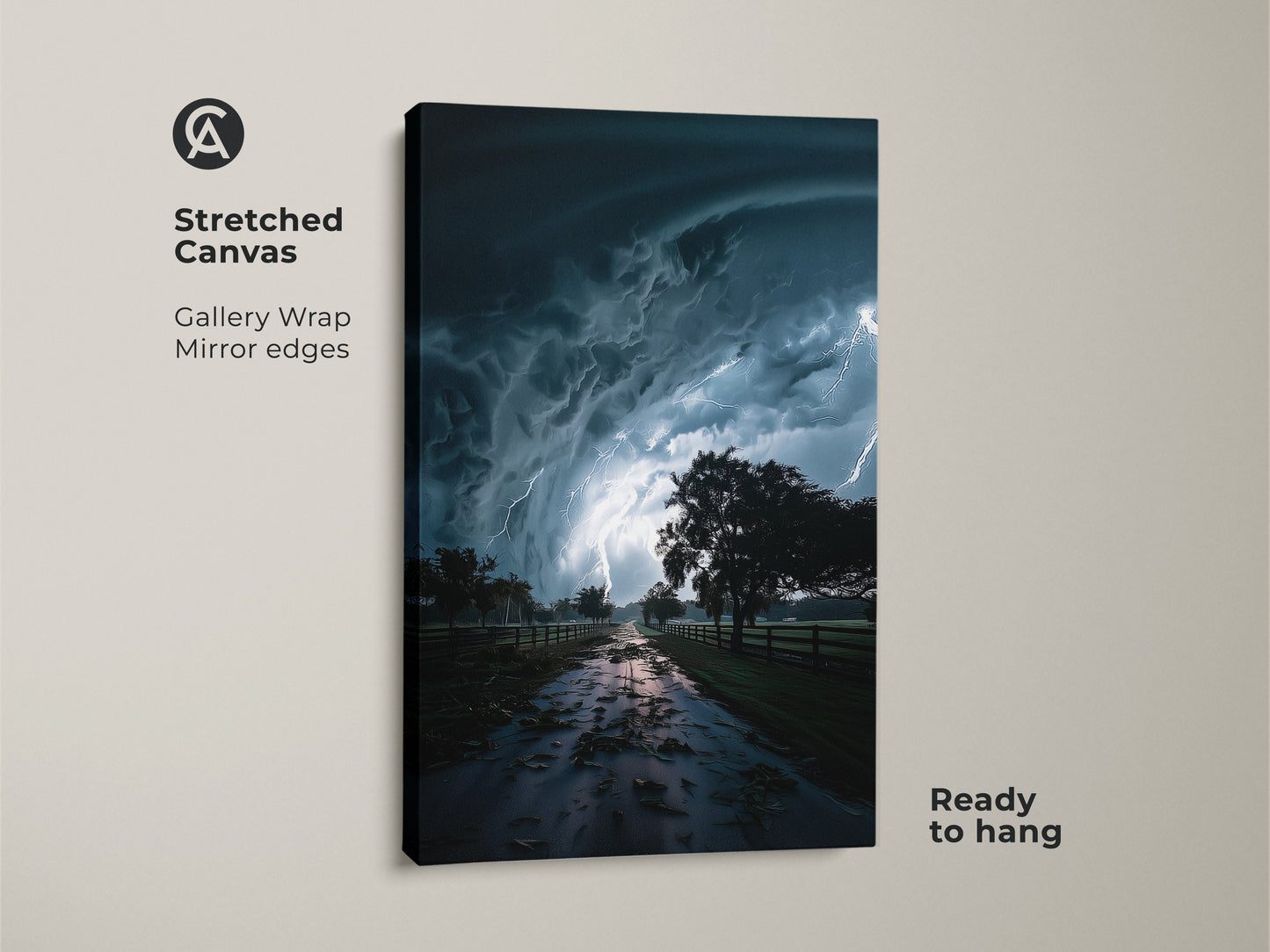 Stretched Canvas featuring dramatic storm art with gallery wrap mirror edges. The lightning landscape print showcases teal and dark blue weather artwork. This contemporary nature wall decor is ready to hang. It's a striking lightning canvas and perfect for modern and abstract styles.
