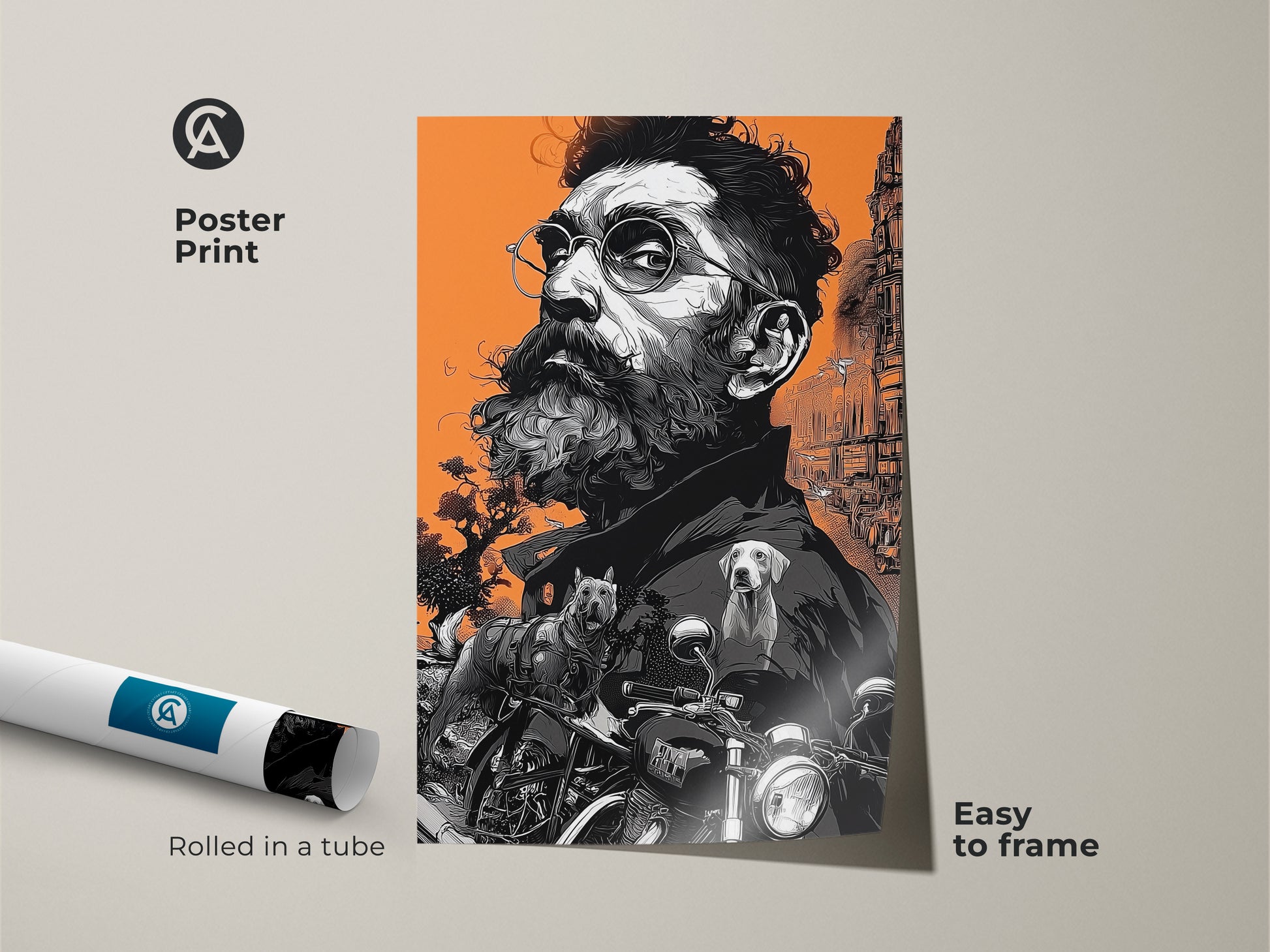 Poster print featuring a portrait of a bearded man with glasses. The artwork includes two dogs and a motorcycle. The poster is easy to frame. The orange backdrop enhances the black and white drawing. Rolled in a tube.