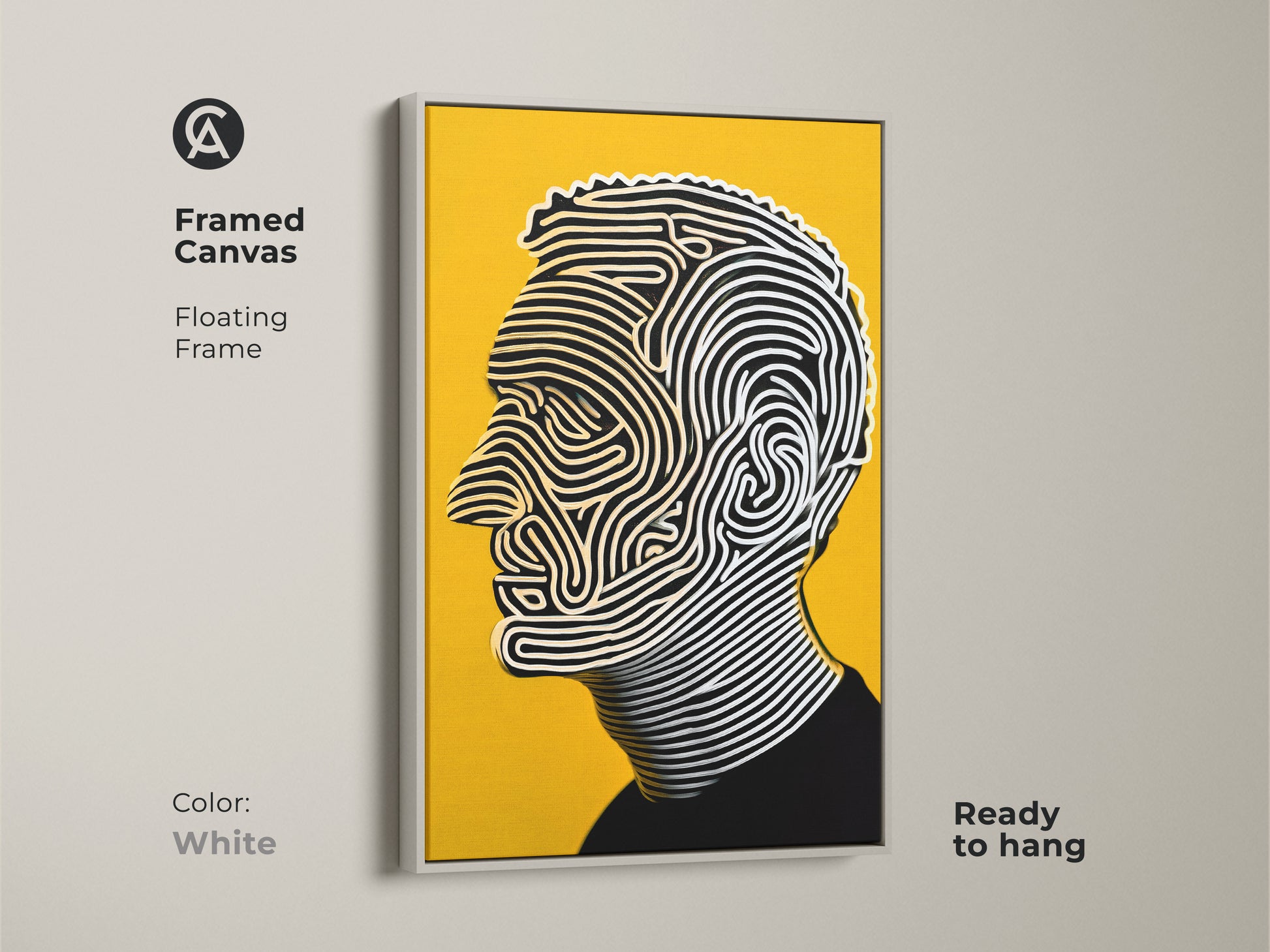 Framed canvas portrait artwork with a floating white frame. The artwork shows a man's profile. The artwork is made up of flowing lines against a yellow backdrop. Ready to hang this artwork will enhance any space. Its clean white frame adds simplicity.
