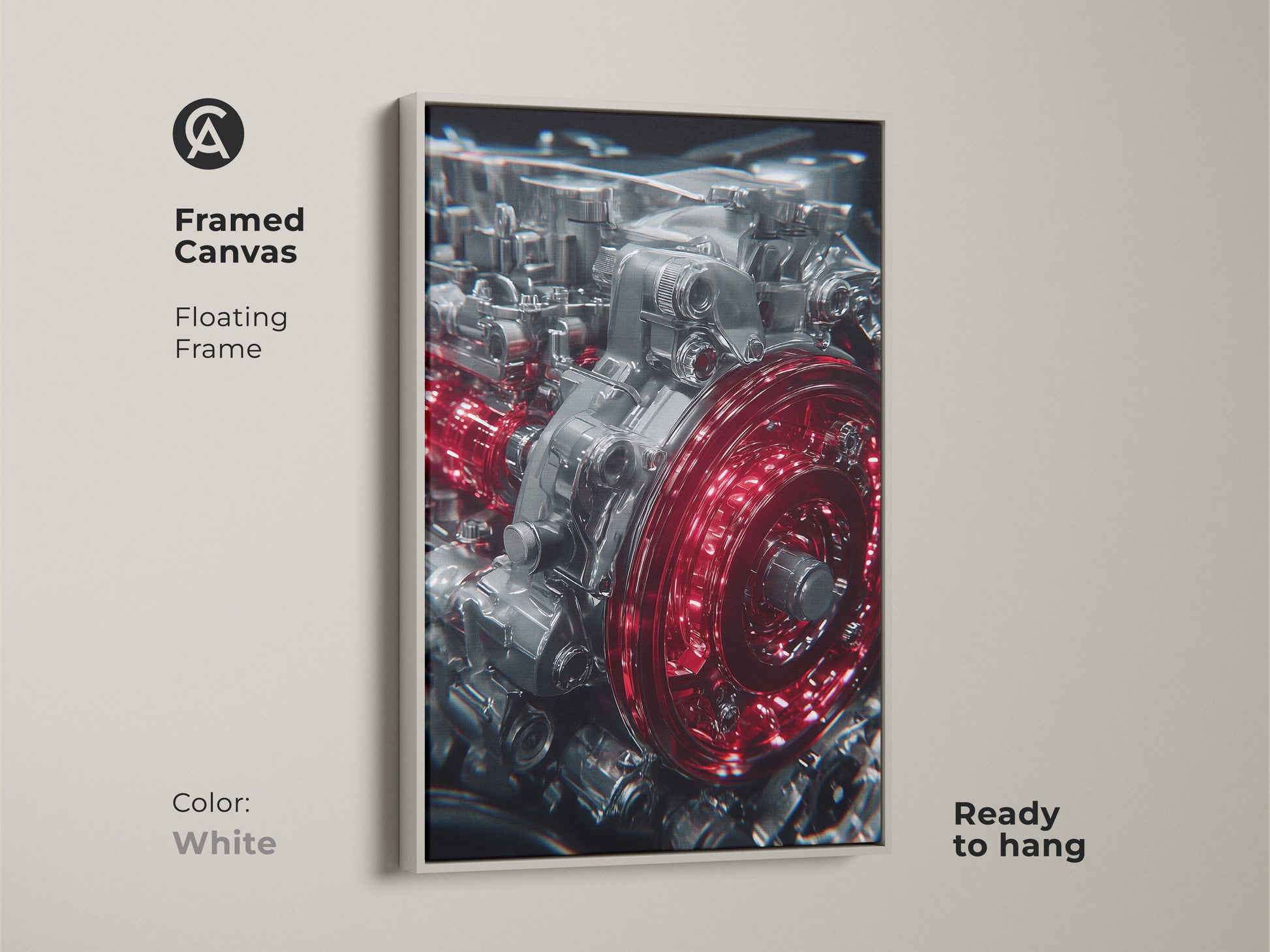 Framed canvas of an Automotive Engine with a white floating frame. This industrial machinery art features red and silver gears. Ready to hang automotive wall art for garages and offices.