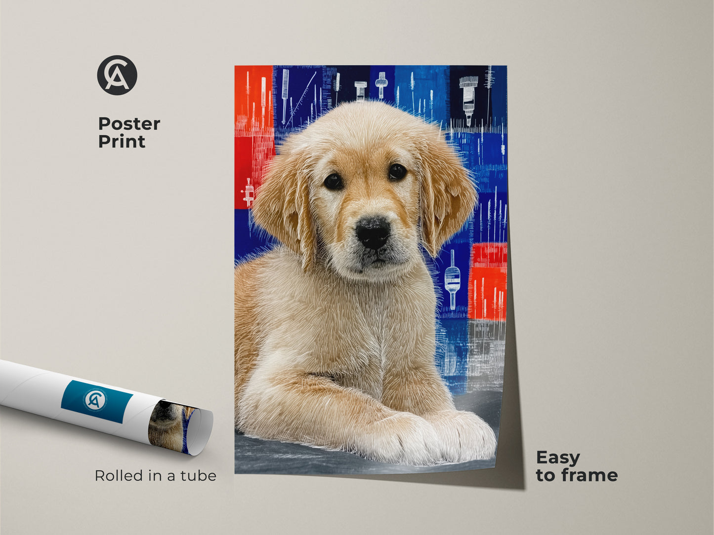 A contemporary puppy art print rolled in a tube showcases an abstract Golden Retriever. The striking blue and red backdrop makes it easy to frame. Perfect as a dog themed decor or a special gift this modern animal artwork adds an artistic touch to any space. The puppy's portrait is visually appealing.
