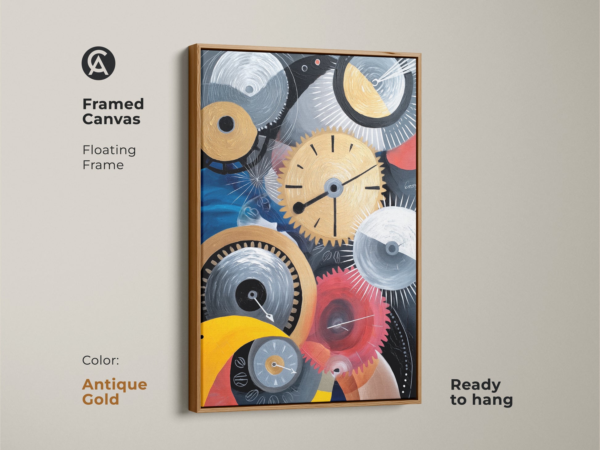 Framed canvas with an antique gold floating frame featuring abstract mechanical artwork. The gold and blue clock gears offer a steampunk style for unique home decor. Ready to hang canvas.