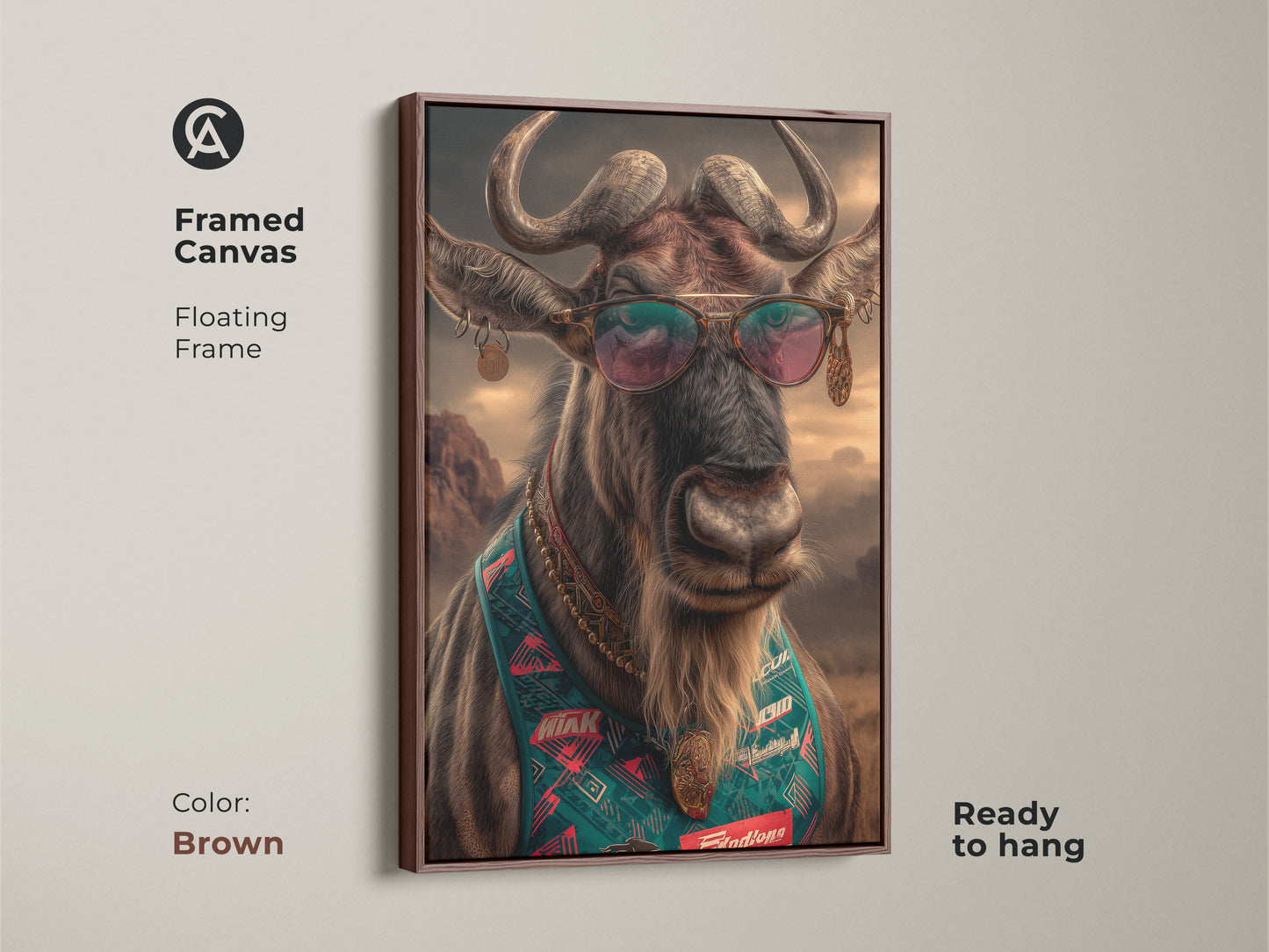 Framed canvas of a wildebeest with sunglasses. It has a brown floating frame. Retro pop art animal print. Wildlife portrait canvas artwork. Ready to hang eclectic entryway decor.