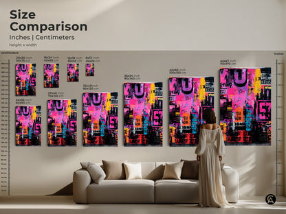 Size comparison of collage artwork prints. See various sizes in inches and centimeters. Sizes range from small to large. Find the perfect fit for your home. This artwork is modern and vibrant.