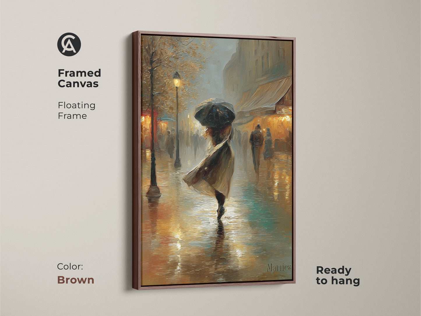 This framed canvas features a romantic Parisian street scene. The brown floating frame enhances the artwork's warmth. The woman with an umbrella and impressionistic style create a captivating image. Ready to hang this gold and teal canvas print will complement any room.