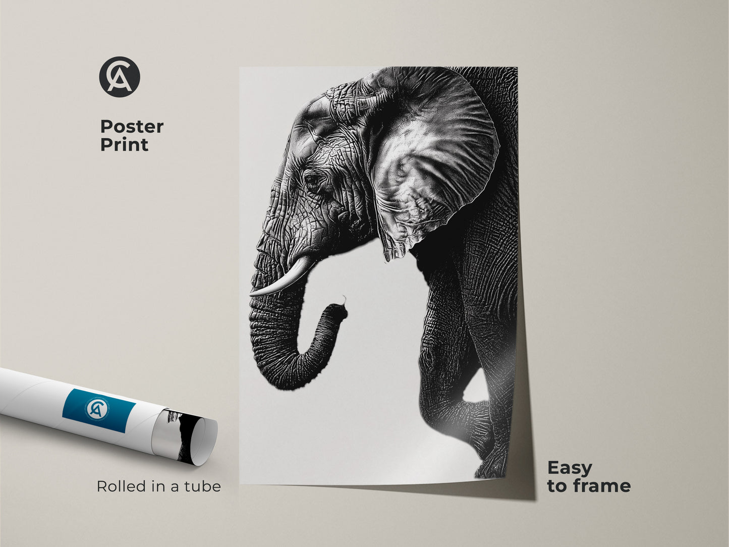Poster print of a monochrome elephant artwork. The minimalist animal canvas comes rolled in a tube. The black and white elephant print is easy to frame and display.