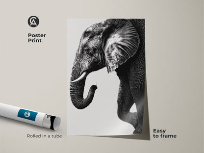 Poster print of a monochrome elephant artwork. The minimalist animal canvas comes rolled in a tube. The black and white elephant print is easy to frame and display.