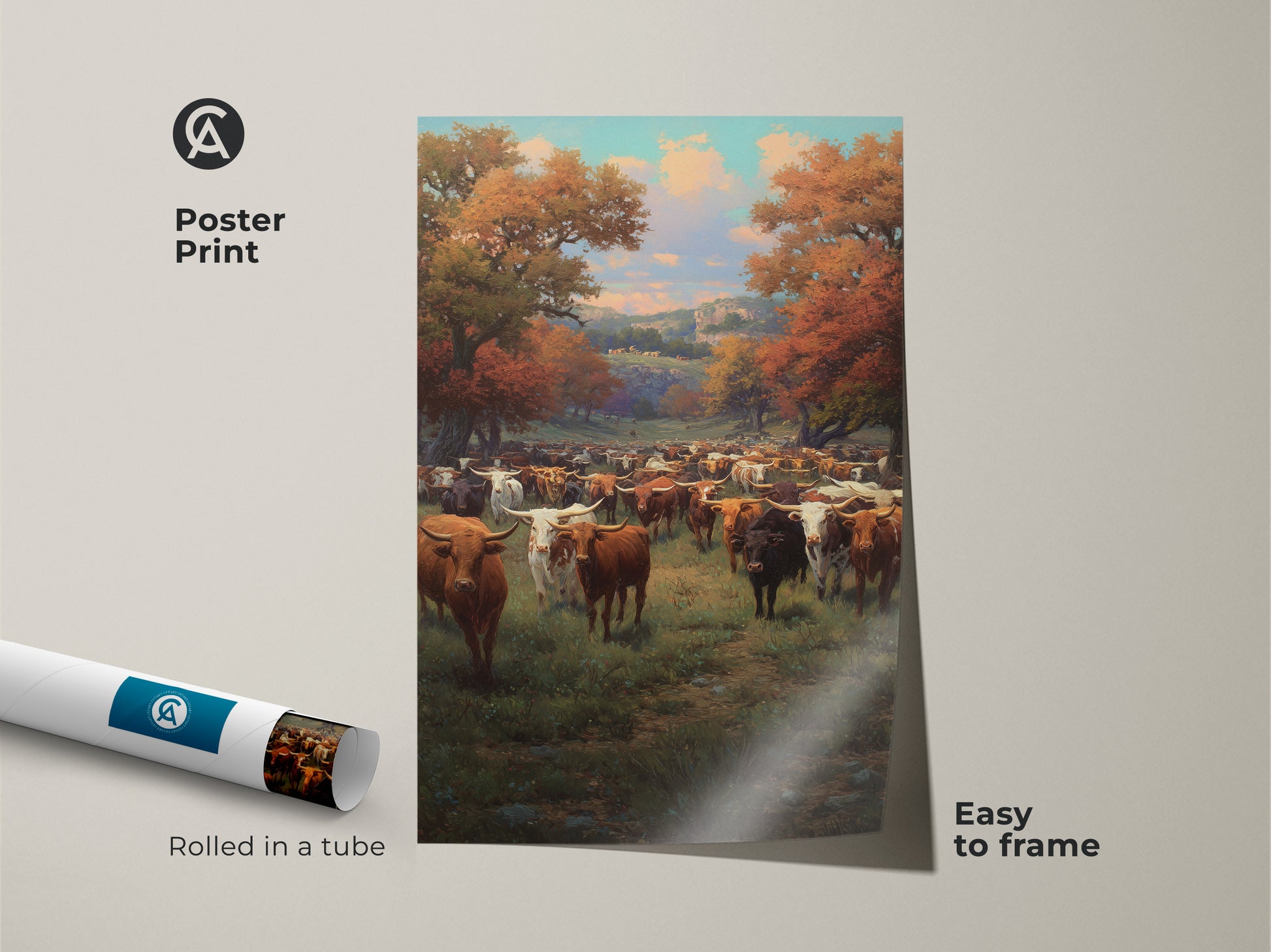Poster print showcasing a longhorn cattle herd in a scenic autumn landscape. This easy to frame nature landscape print arrives rolled in a tube. Ideal for farmhouse or rustic decor this animal farm wall art complements a warm earthy color palette.