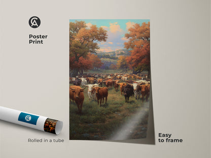 Poster print showcasing a longhorn cattle herd in a scenic autumn landscape. This easy to frame nature landscape print arrives rolled in a tube. Ideal for farmhouse or rustic decor this animal farm wall art complements a warm earthy color palette.