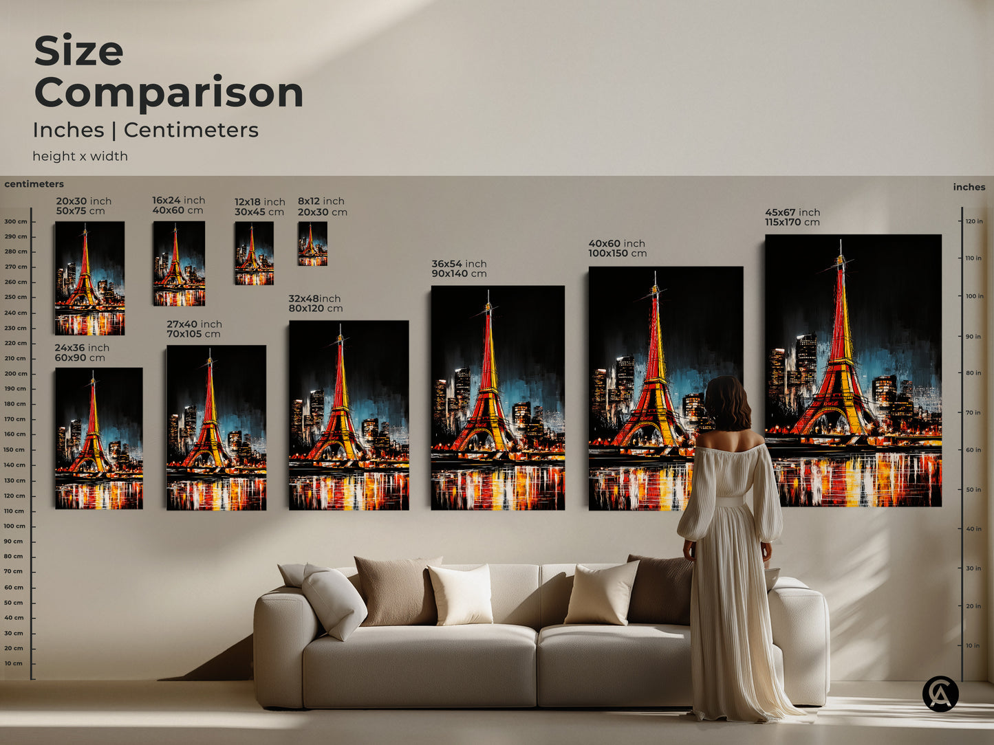 Size comparison shows Eiffel Tower art in inches and centimeters. See how the canvas print looks in different sizes. Perfect for above a sofa or as a statement piece.
