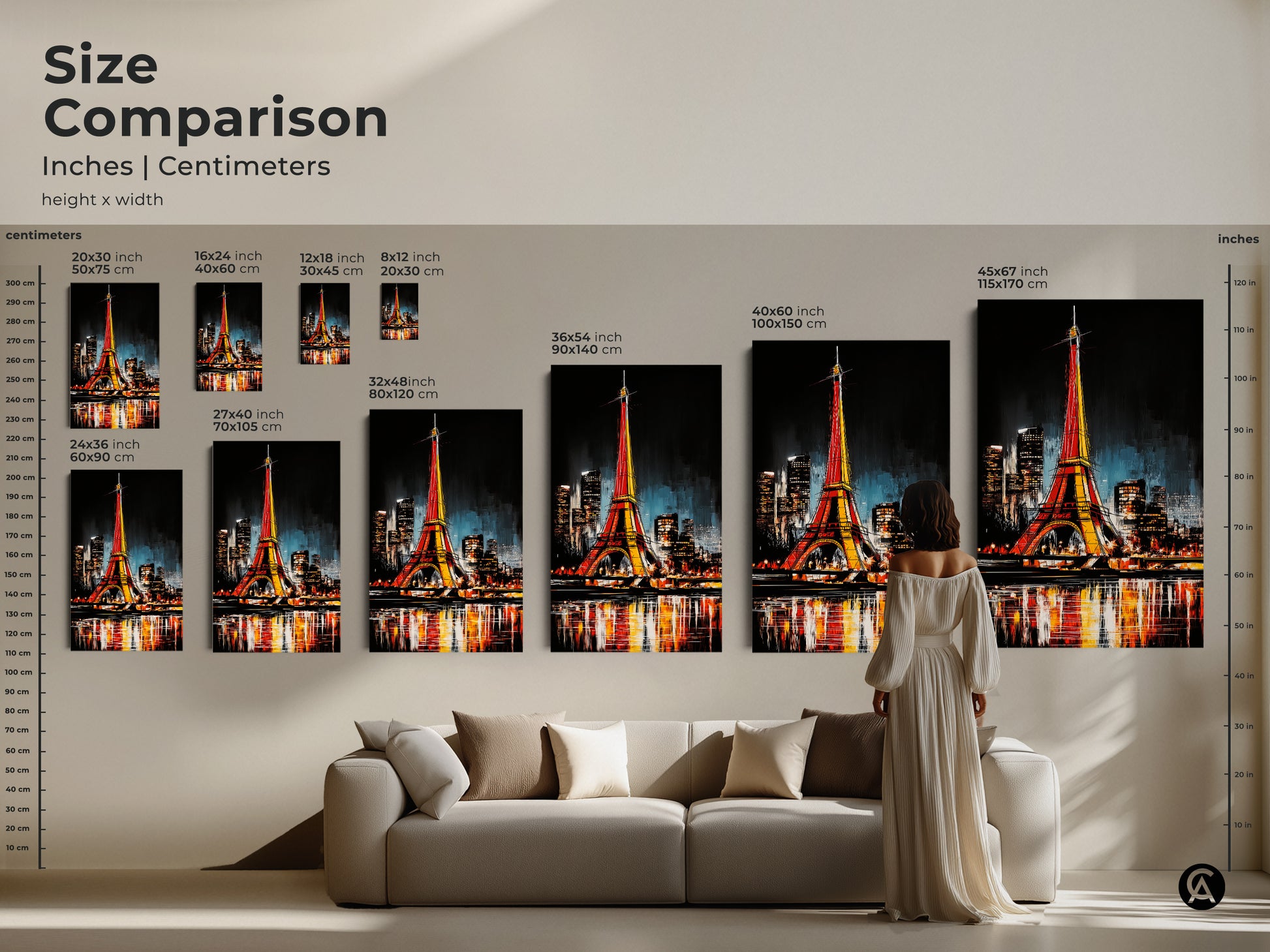 Size comparison shows Eiffel Tower art in inches and centimeters. See how the canvas print looks in different sizes. Perfect for above a sofa or as a statement piece.