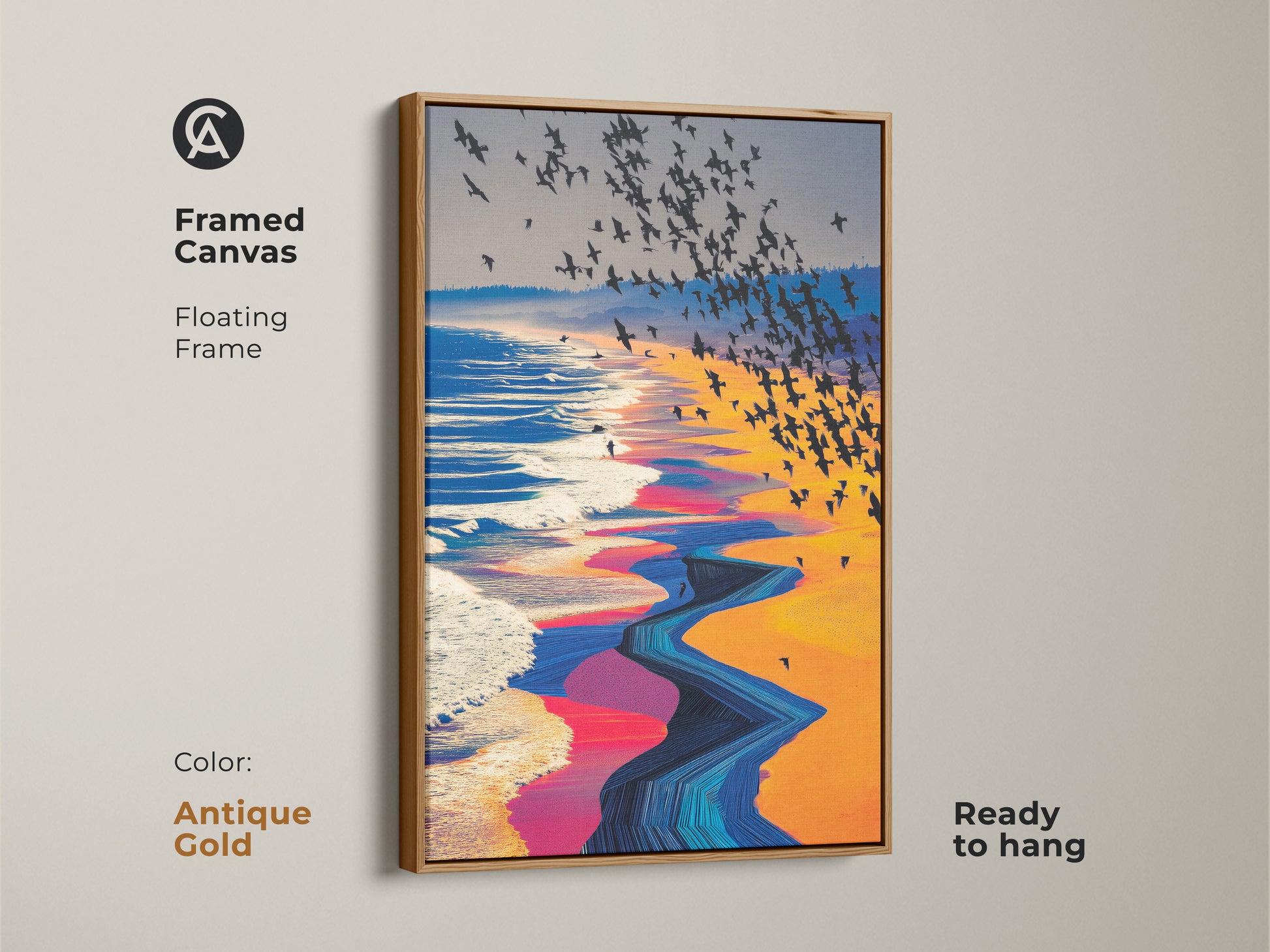 Framed canvas art with an antique gold floating frame capturing a surreal beach scene. See a flock of birds over abstract ocean waves. This ready-to-hang nature landscape artwork uses orange yellow and blue colors for eclectic spaces.