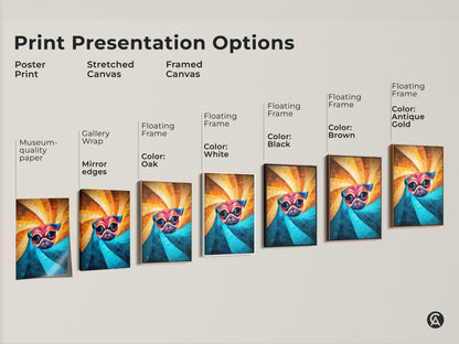 Print presentation options for abstract pug wall art. Choose between a poster print a stretched canvas or a framed canvas. Each option displays the orange and teal geometric dog artwork. Perfect for modern animal artwork.