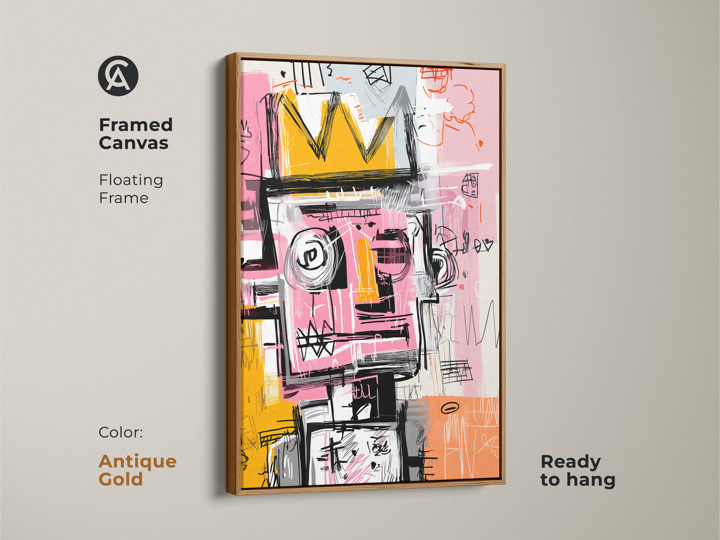 Antique gold framed canvas art featuring an abstract crowned figure. The floating frame adds a vintage touch. This ready-to-hang artwork is a unique addition to your art collection.