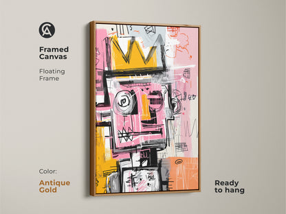 Antique gold framed canvas art featuring an abstract crowned figure. The floating frame adds a vintage touch. This ready-to-hang artwork is a unique addition to your art collection.