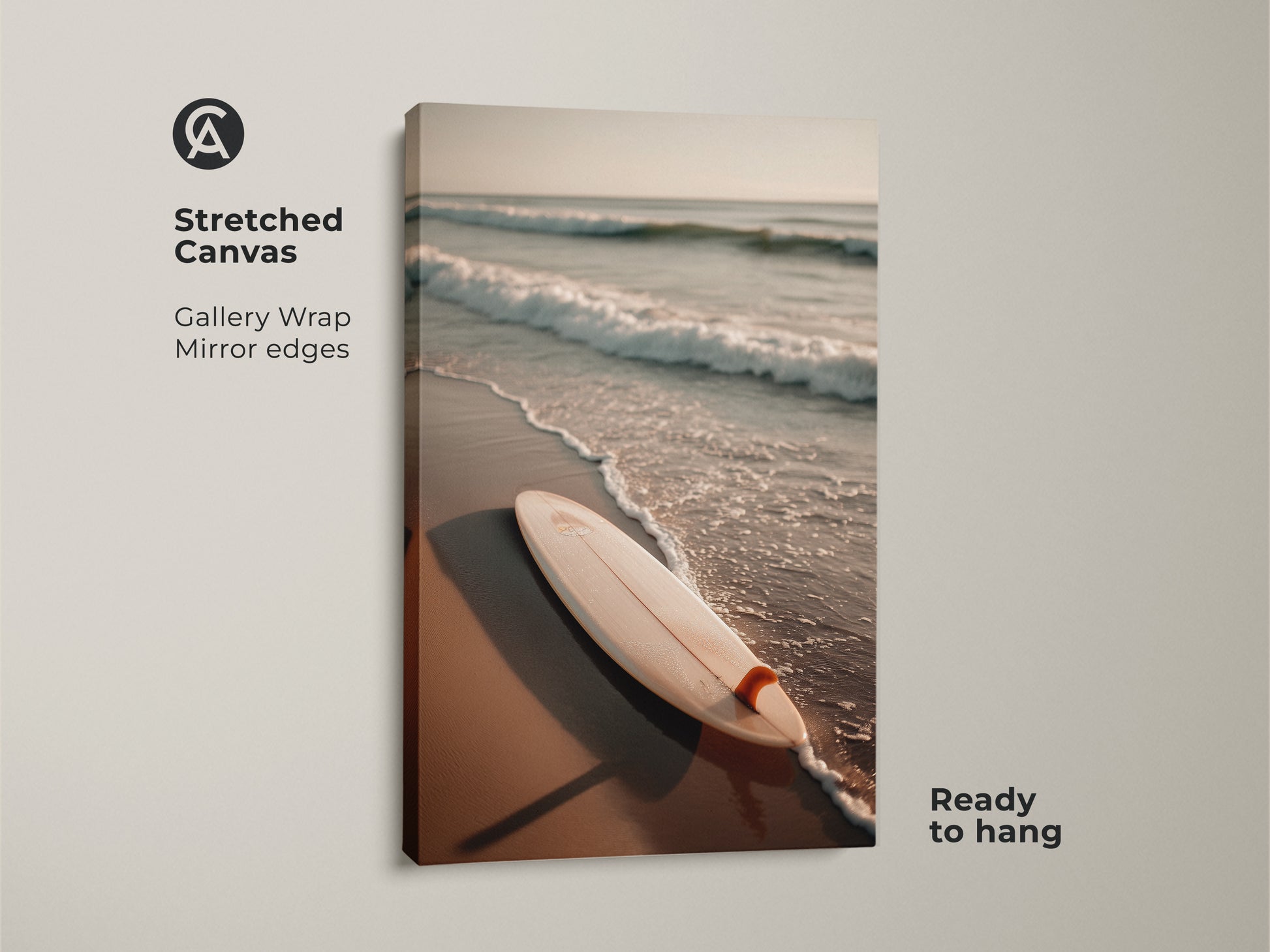 Stretched canvas art showcasing a surfboard on the beach. The gallery wrap and mirror edges create a seamless look. Ready to hang this piece brings the serenity of the ocean into your home. Ideal for adding a coastal vibe to any room. Discover this beautiful beach themed artwork today.