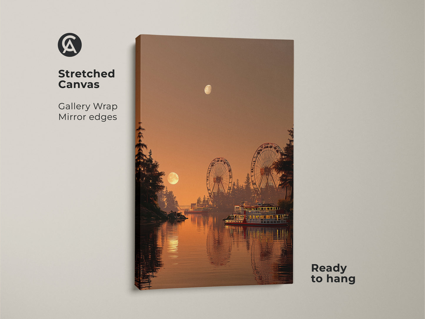 Stretched canvas of a retro amusement park at sunset. This gallery wrapped artwork shows mirror edges and is ready to hang. The golden yellow and sunset orange create a warm nostalgic feel for any travel lover.