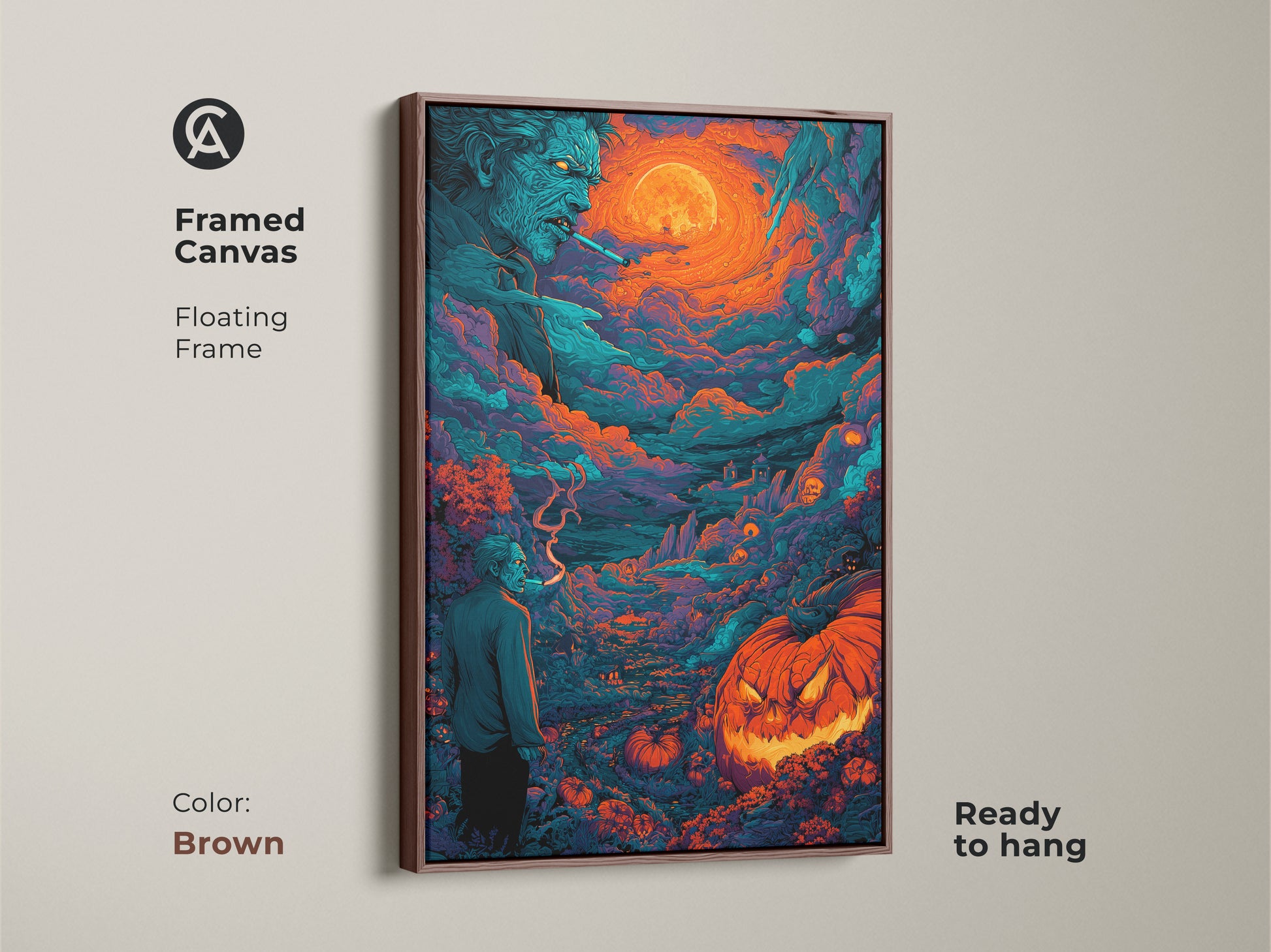 A framed canvas showcases Halloween artwork. The artwork features a spooky zombie and a glowing jack-o-lantern under a bright moon. This floating frame is brown. It is ready to hang. Elevate your decor with this eerie art.