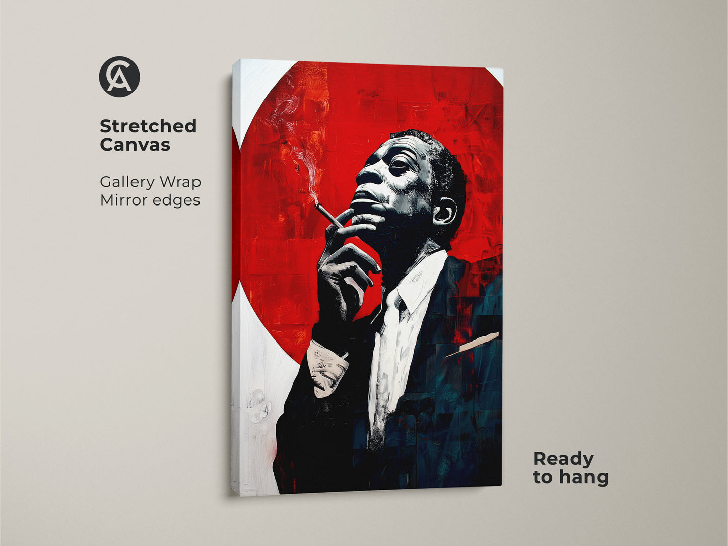 Gallery wrapped jazz art canvas featuring a musician portrait. Black and white art meets crimson in this expressionist piece. The museum quality art is stretched and ready to hang adding sophistication to any room.