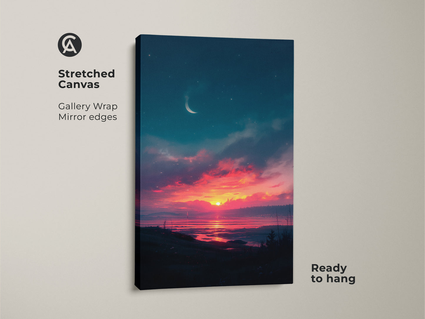 Elevate your home decor with this captivating sunset artwork on a stretched canvas. The gallery wrap and mirrored edges create a seamless and modern look. Ready to hang this piece and enjoy the mesmerizing view of the horizon. Perfect for adding a touch of elegance to your space.