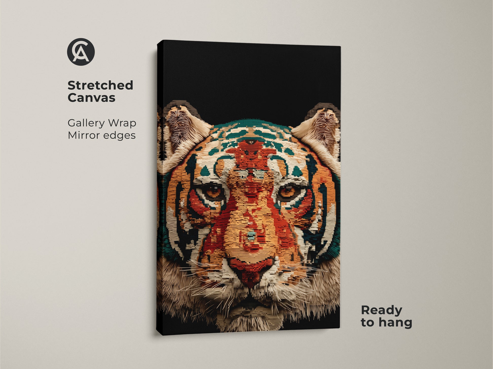 Stretched canvas print of an abstract tiger face. The artwork has gallery wrap mirror edges. This ready to hang geometric wildlife print features orange gold and teal hues.