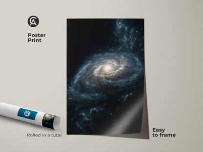 Poster print of a deep blue galaxy nebula. This space artwork is easy to frame and adds a modern touch to any room. Rolled in a tube for protection this cosmic art print is perfect for astronomy wall decor and makes a great gift.