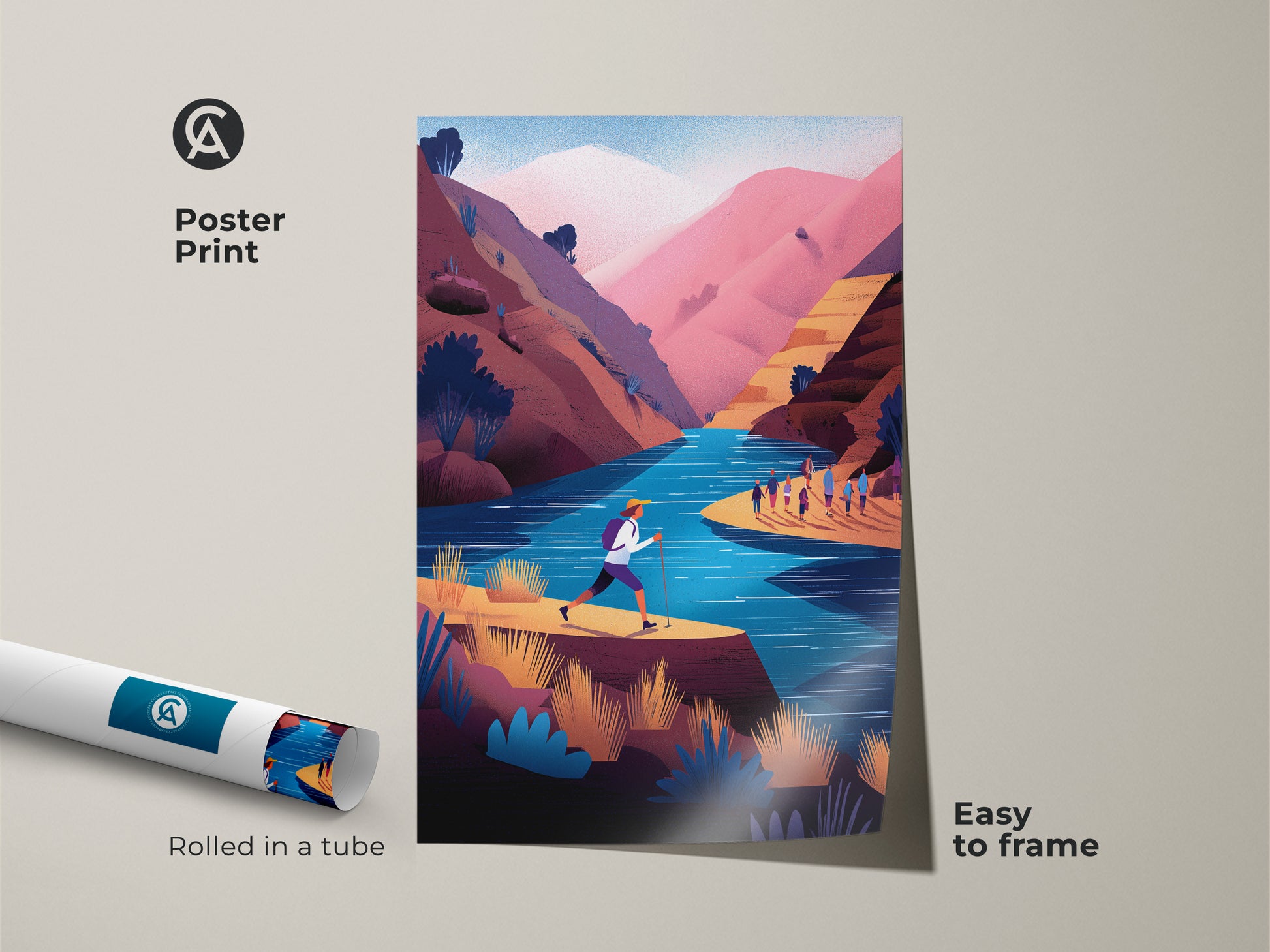 Poster print of hiking river landscape art. The adventure wall art print comes rolled in a tube. Easy to frame. The teal pink mountain scenery features a contemporary flat illustration. A perfect outdoor lover gift idea. Modern graphic landscape art.